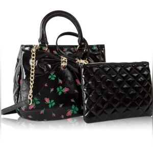 Betsey Johnsen Rosebud floral faux patent leather bag bow trim Satchel& a pouch